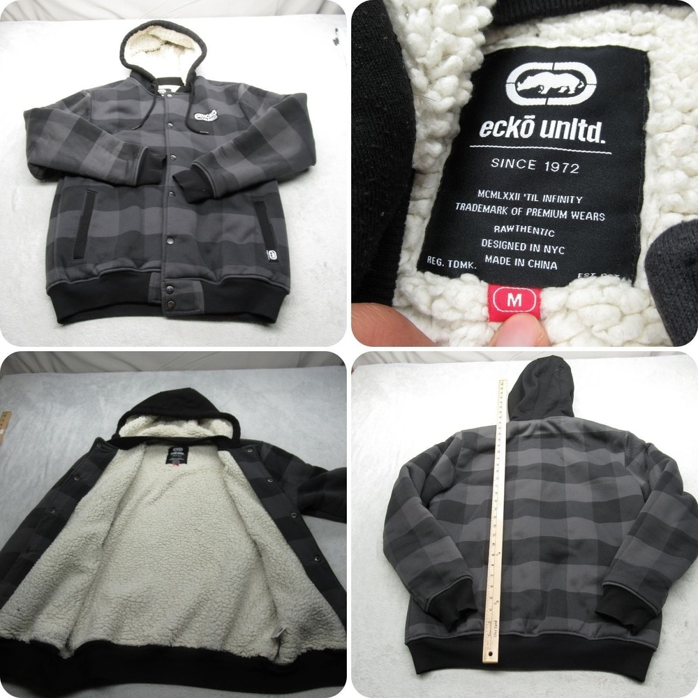 Ecko Unltd Jacket Men Medium Black Gray Plaid Sherpa Lined Hooded Snap Front